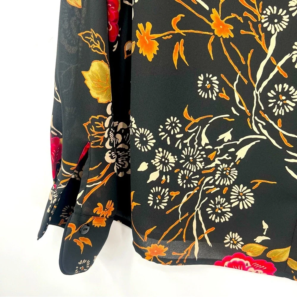 Pendleton Korean Fabric Chinese Asian Floral Black Blouse Top Shirt Size 10 - Picture 9 of 11